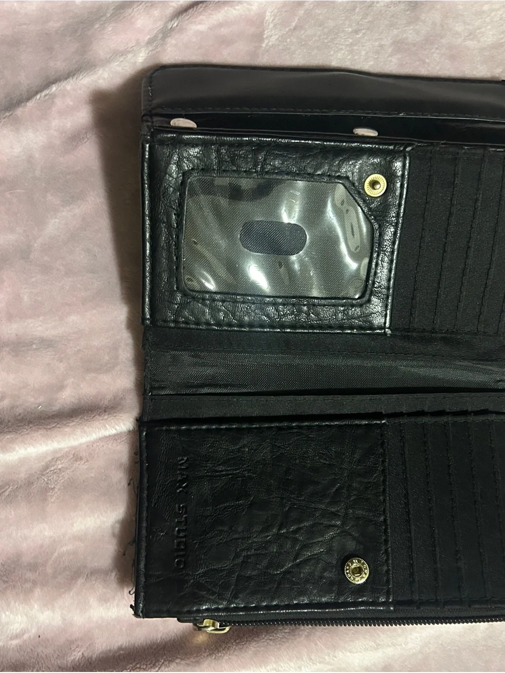 used Max Studio Black Leather Wallet with Gold Logo